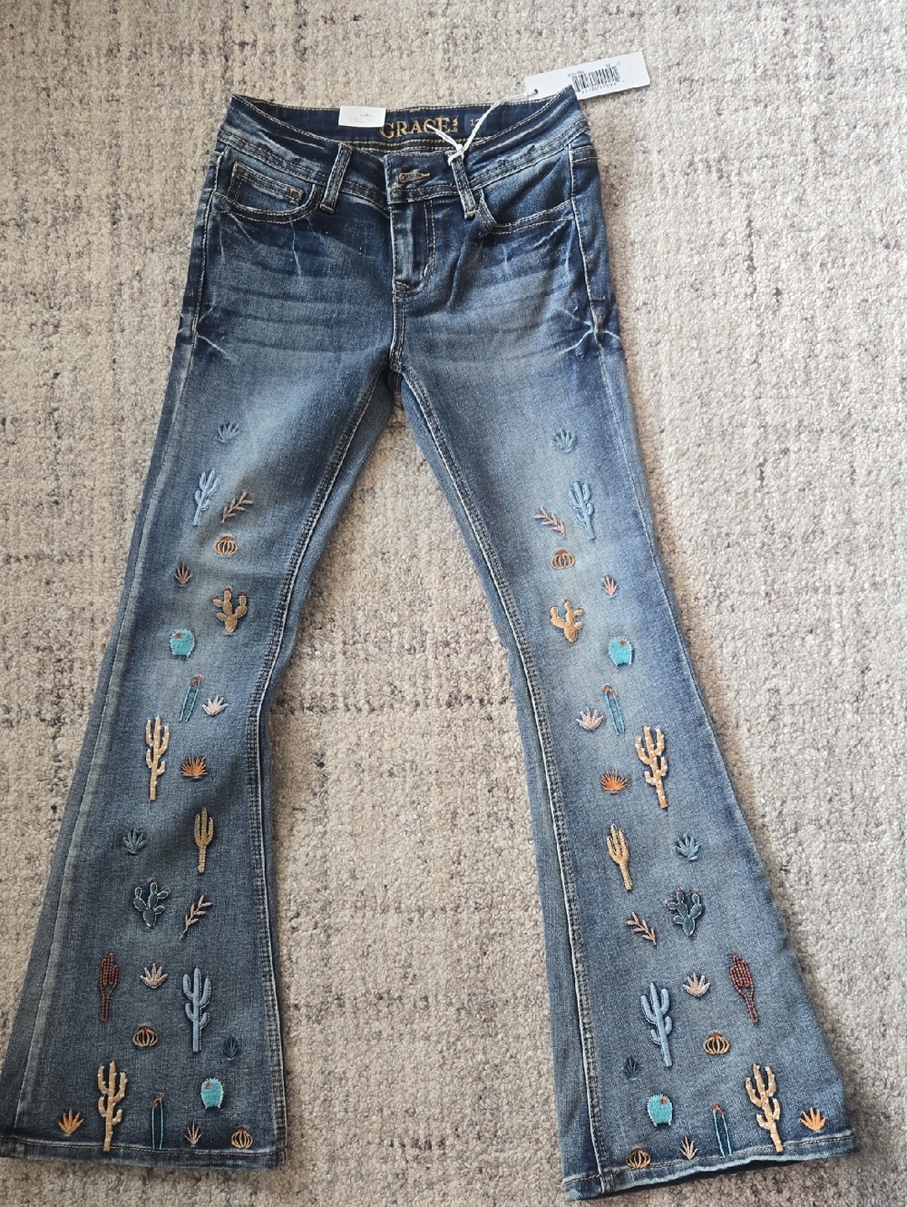 Grace Blue Flared Jeans with Multicolor Cactus Embroidery